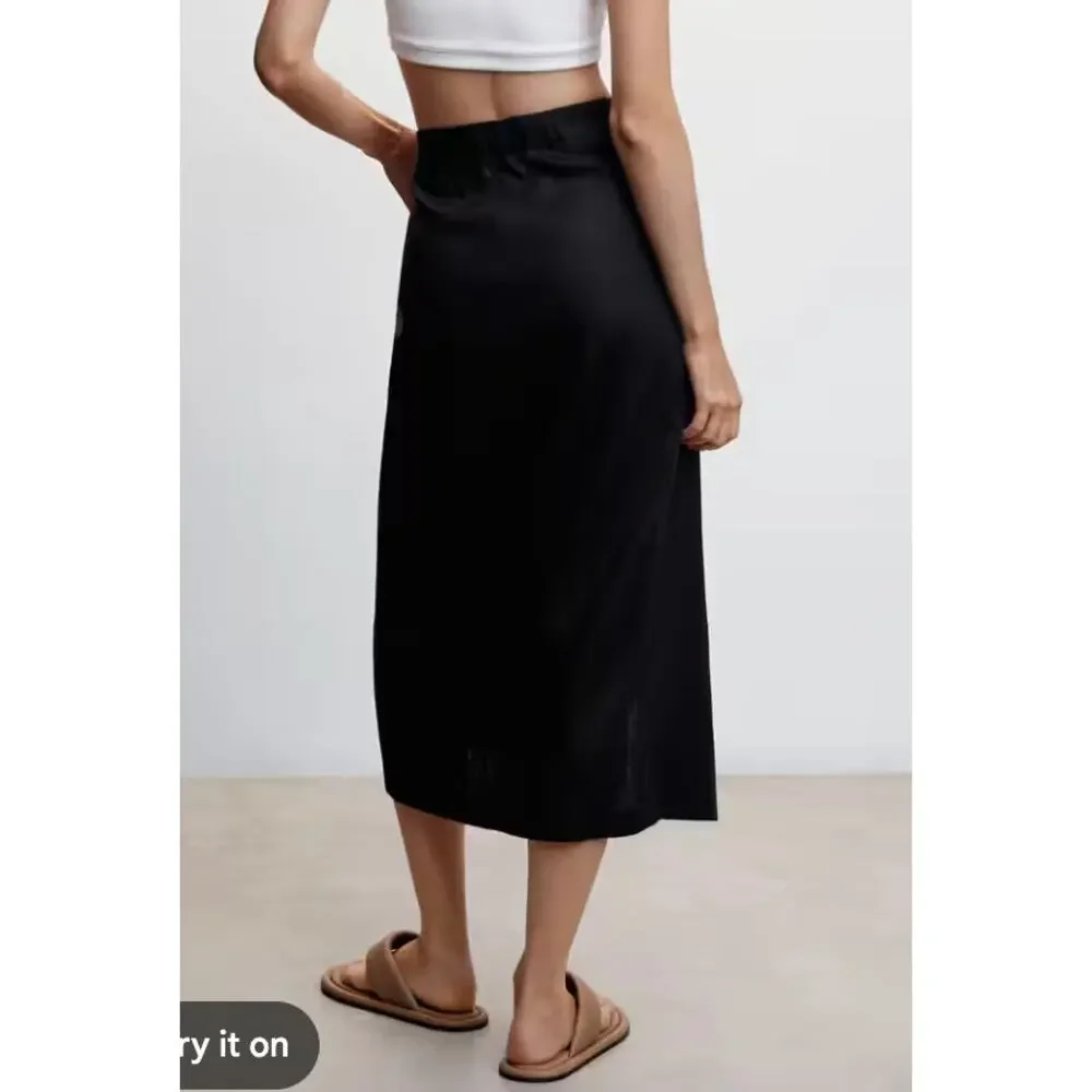 NWT MNG Linen Blend Wrap Midi Skirt Black Size Small